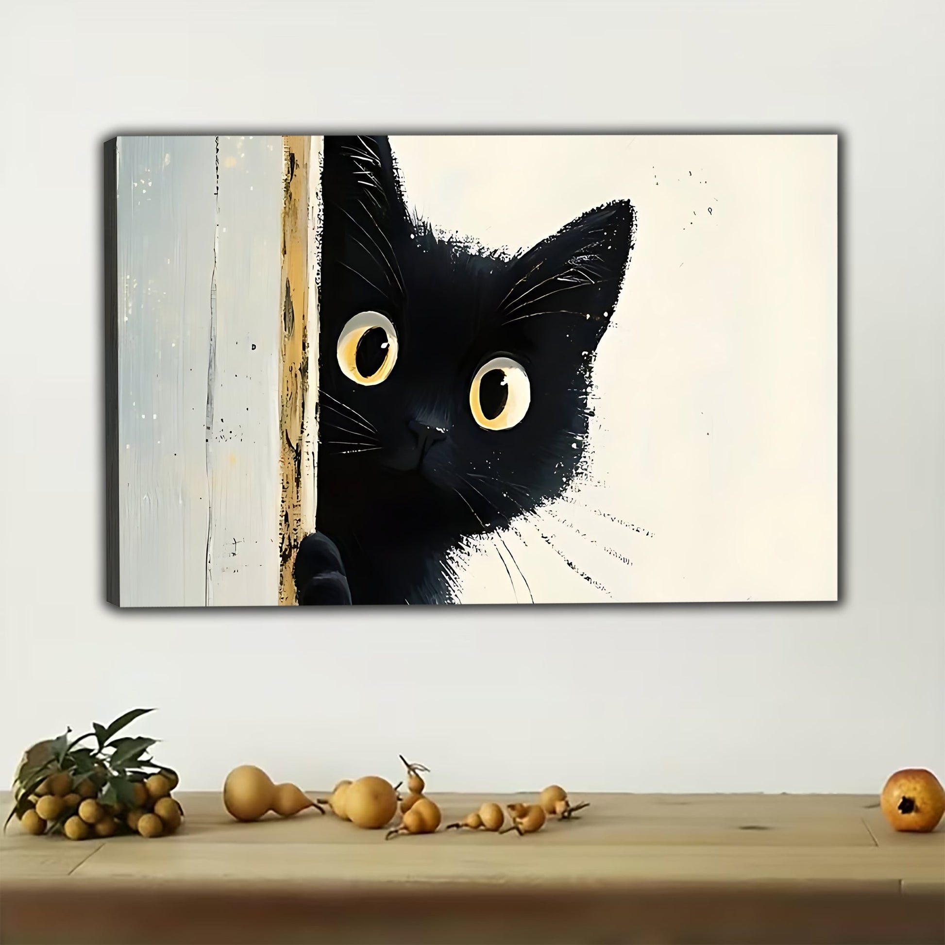 Peekaboo Black Cat – Abstract Wall Art on Natural Wood Canvas