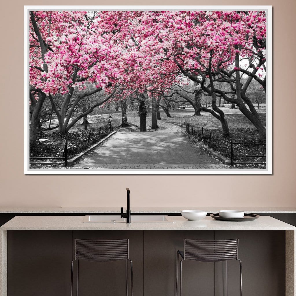 Pink Blossoms in Black and White Canvas Wall Art