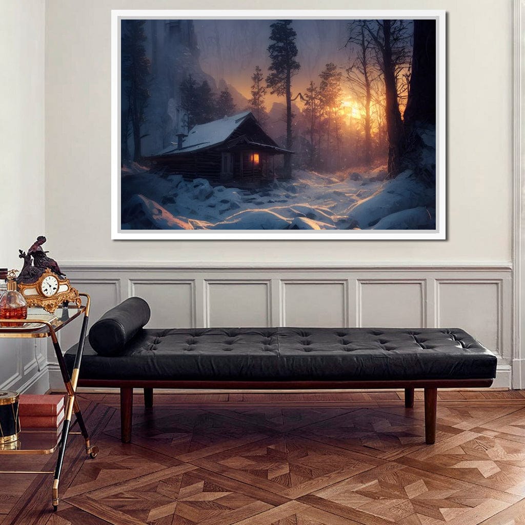 Warm Cabin Covered in Snow Canvas Wall Art