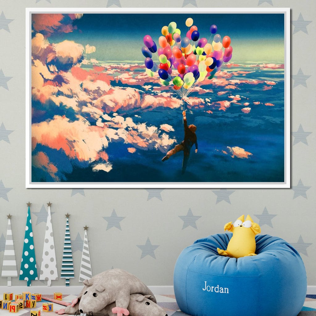 Flying with Colorful Balloons Canvas Wall Art