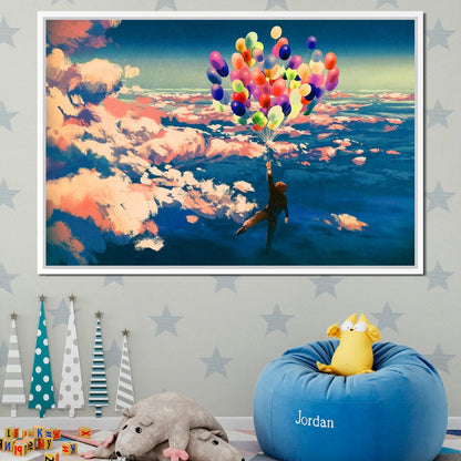 Flying with Colorful Balloons Canvas Wall Art
