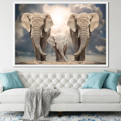 Elephant Family Under the Sun Canvas Wall Art