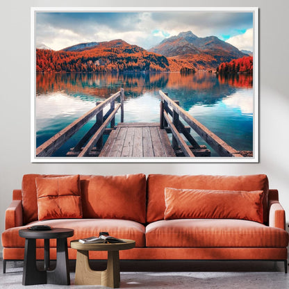Wooden Pier on Autumn lake Sils Canvas Wall Art