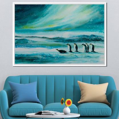 Penguins Under the Aurora Borealis Canvas Wall Art