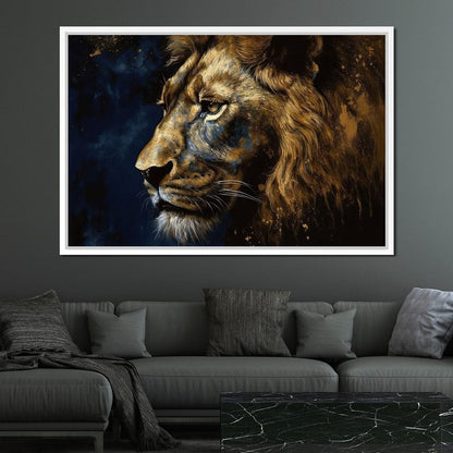 Golden Lion on Blue Background Canvas Wall Art