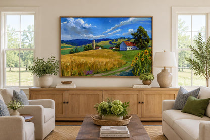 Farmhouse Landscape Wall Art - Impressionist Wheat Field with Sunflowers Canvas Print