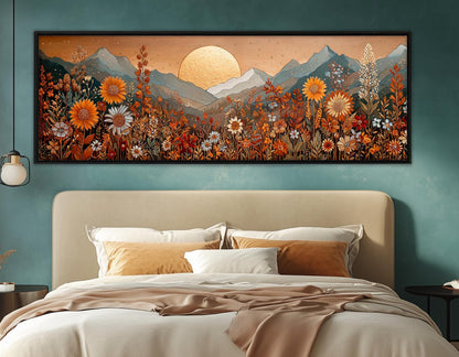 Boho Mountain Landscape - Earthy Wildflower Art | Framed Canvas Print in Warm Colors