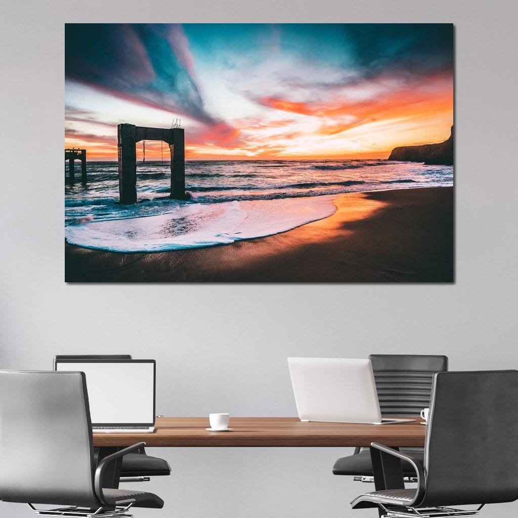 Beach Sunset Old Pier Canvas Wall Art