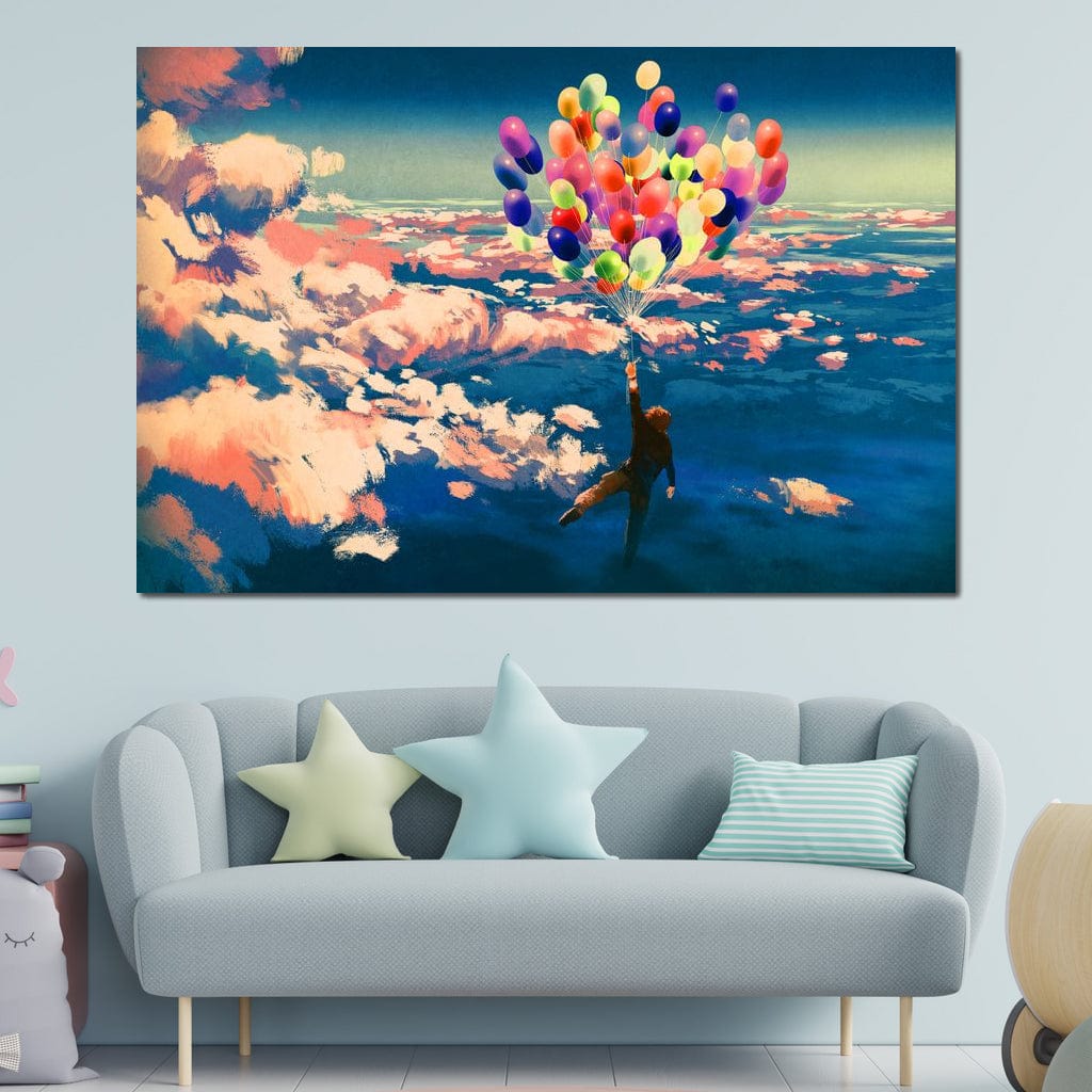 Flying with Colorful Balloons Canvas Wall Art