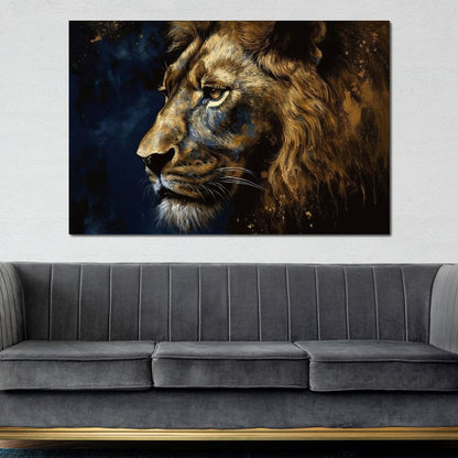 Golden Lion on Blue Background Canvas Wall Art