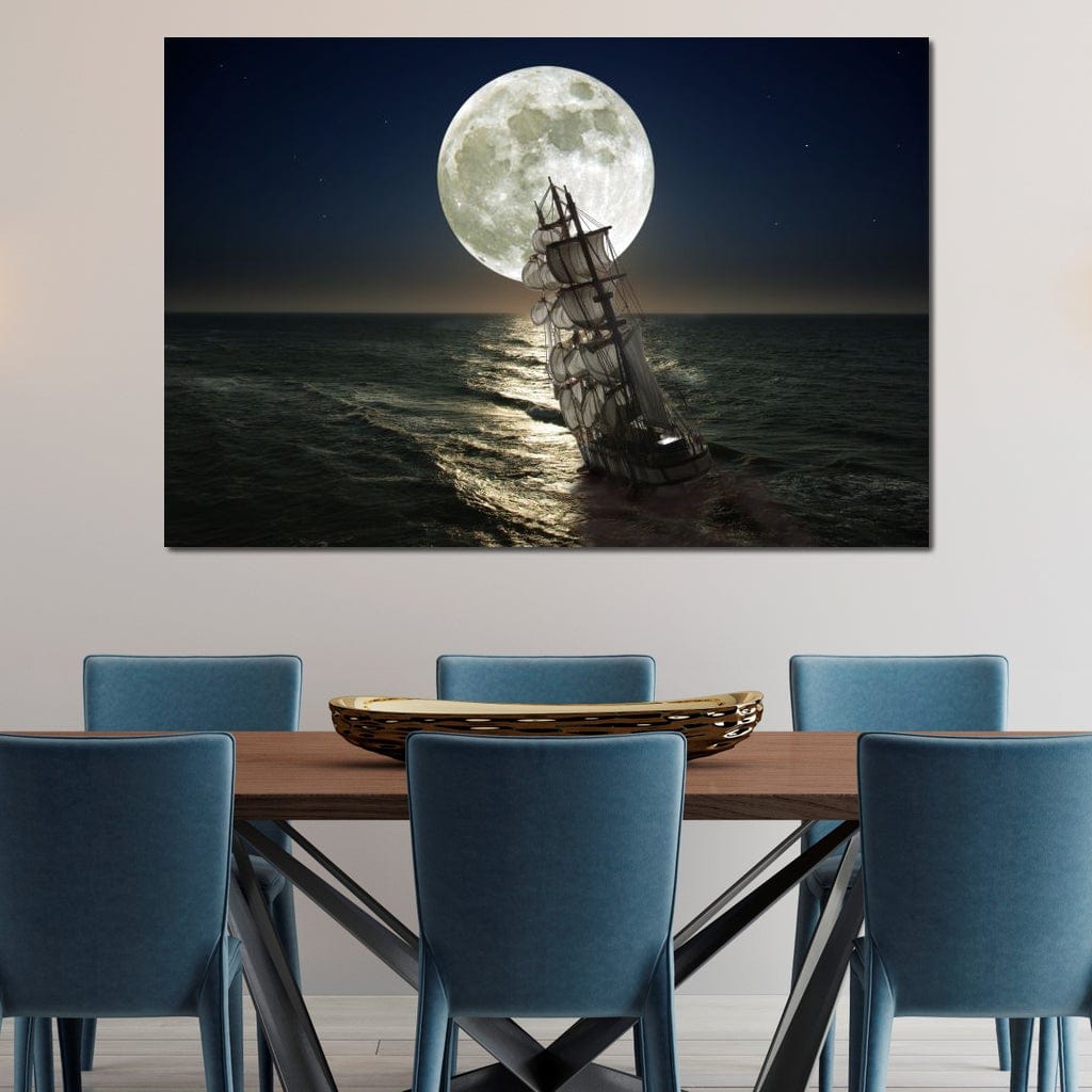 Sailing Under the Giant Moon Canvas Wall Art