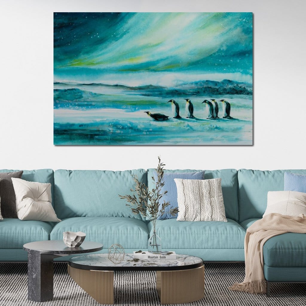 Penguins Under the Aurora Borealis Canvas Wall Art