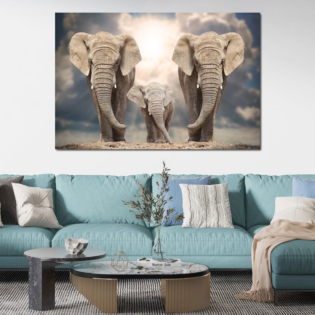 Elephant Family Under the Sun Canvas Wall Art