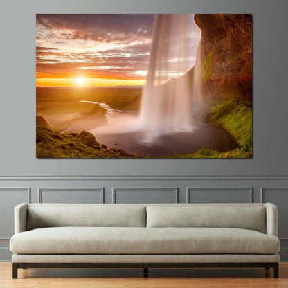 Sunset over Seljalandsfoss Waterfall Canvas Wall Art