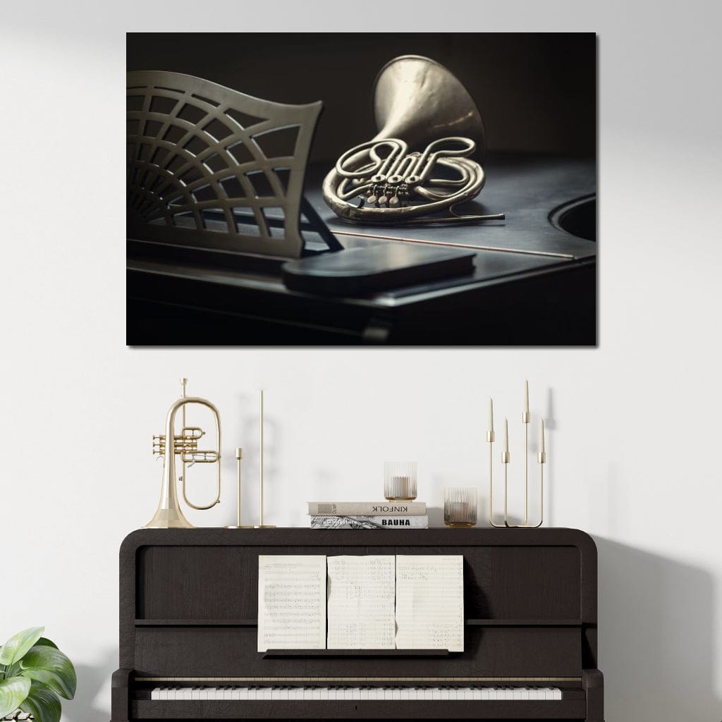 French Horn on the Grand Piano Canvas Wall Art