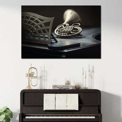French Horn on the Grand Piano Canvas Wall Art