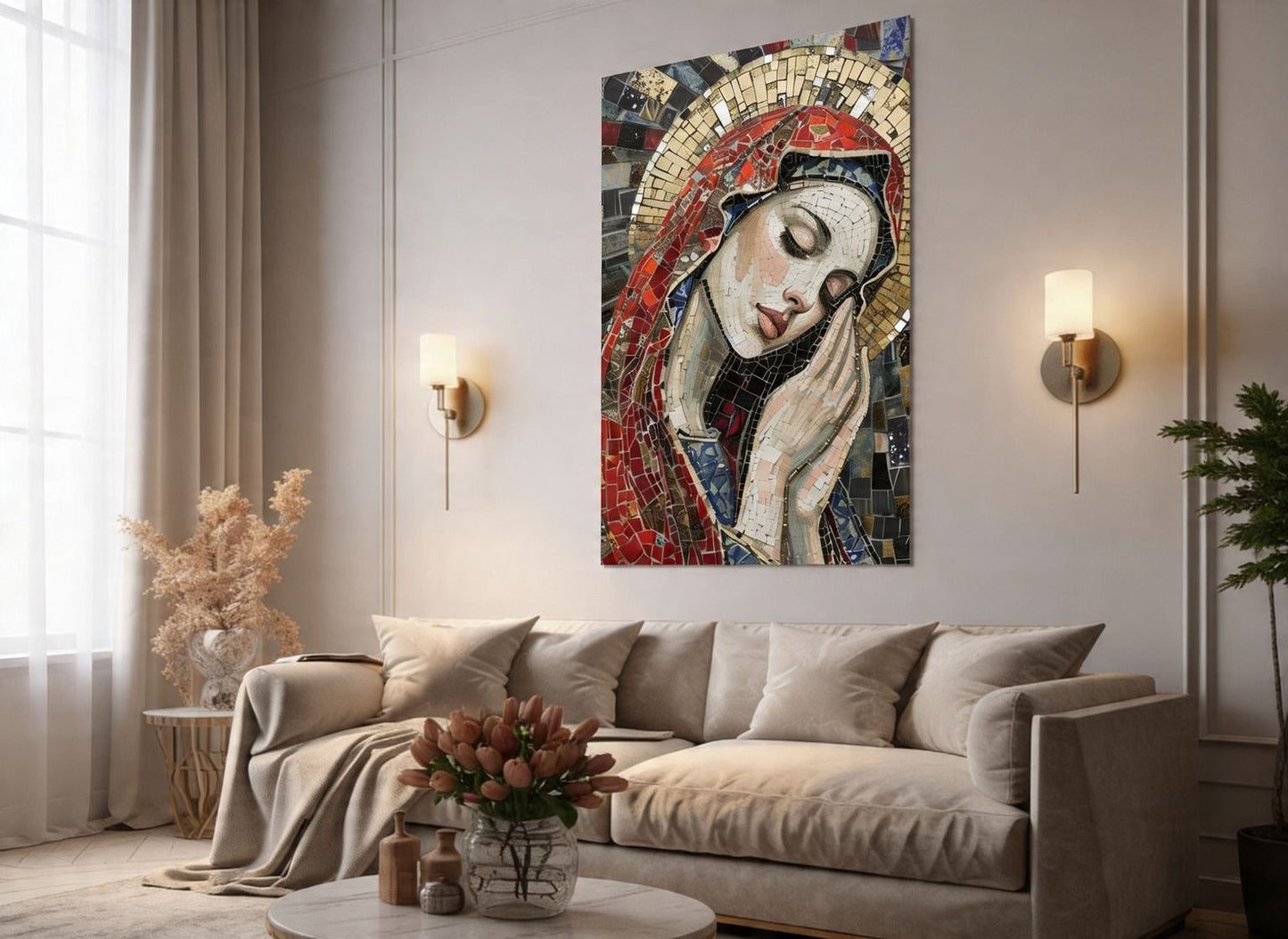 Virgin Mary Canvas Print – Framed Mosaic Wall Art | Ready to Hang Religious Decor