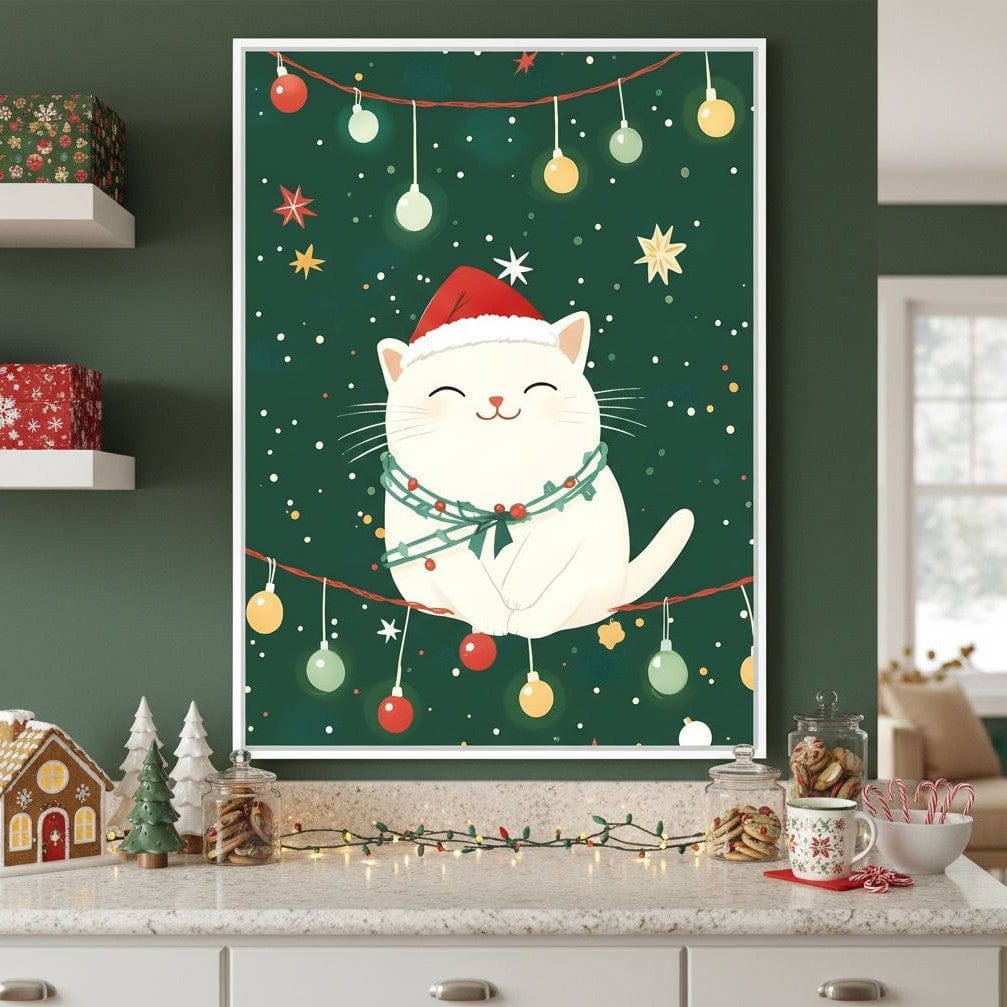 Jolly Santa Kitty Holiday Lights Canvas Wall Art