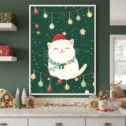 Jolly Santa Kitty Holiday Lights Canvas Wall Art
