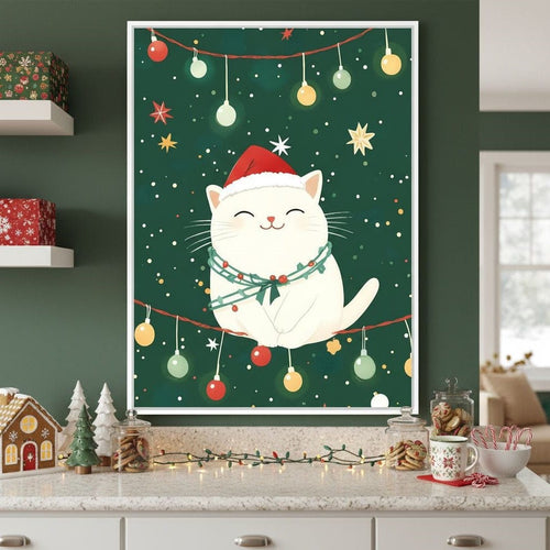 Jolly Santa Kitty Holiday Lights Canvas Wall Art