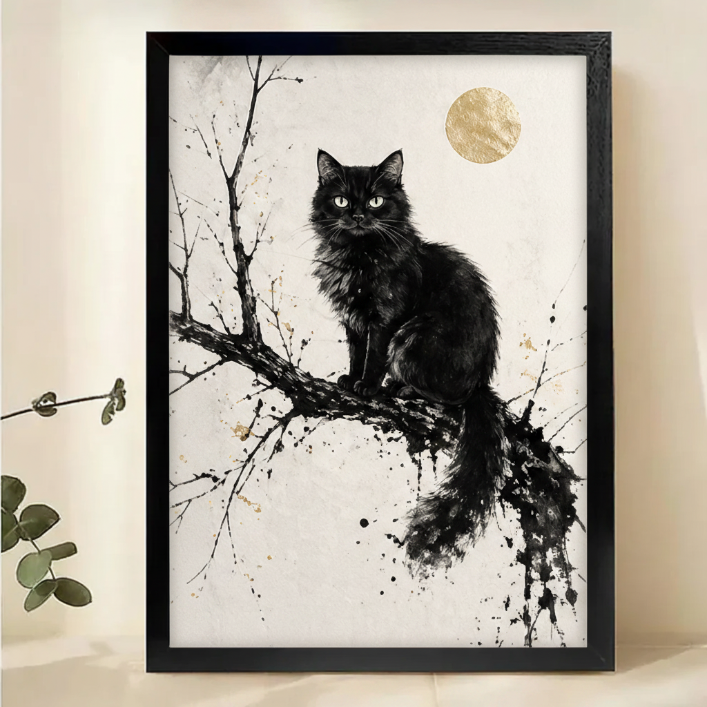 Black Cat Under Gold Moon Wall Art – Minimalist Ink Art Canvas Print on Natural Wood Frame
