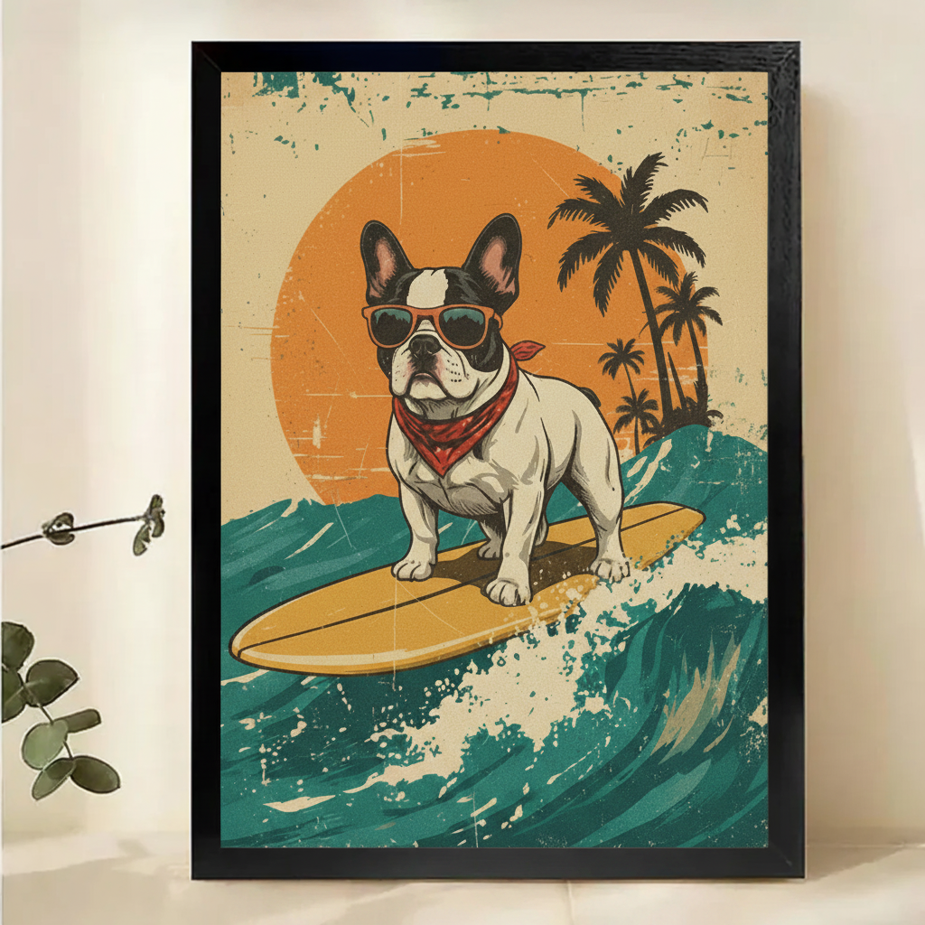 Surfing French Bulldog Wall Art – Retro Vintage Dog Canvas Print on Natural Wood Frame