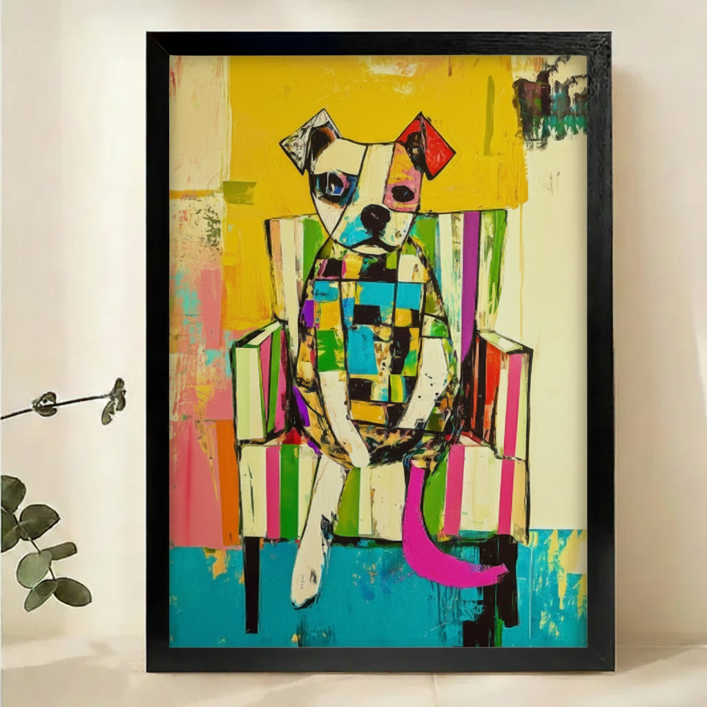 Colorful Abstract Dog on Chair Wall Art – Vibrant Neo-Expressionist Canvas Print on Natural Wood Frame