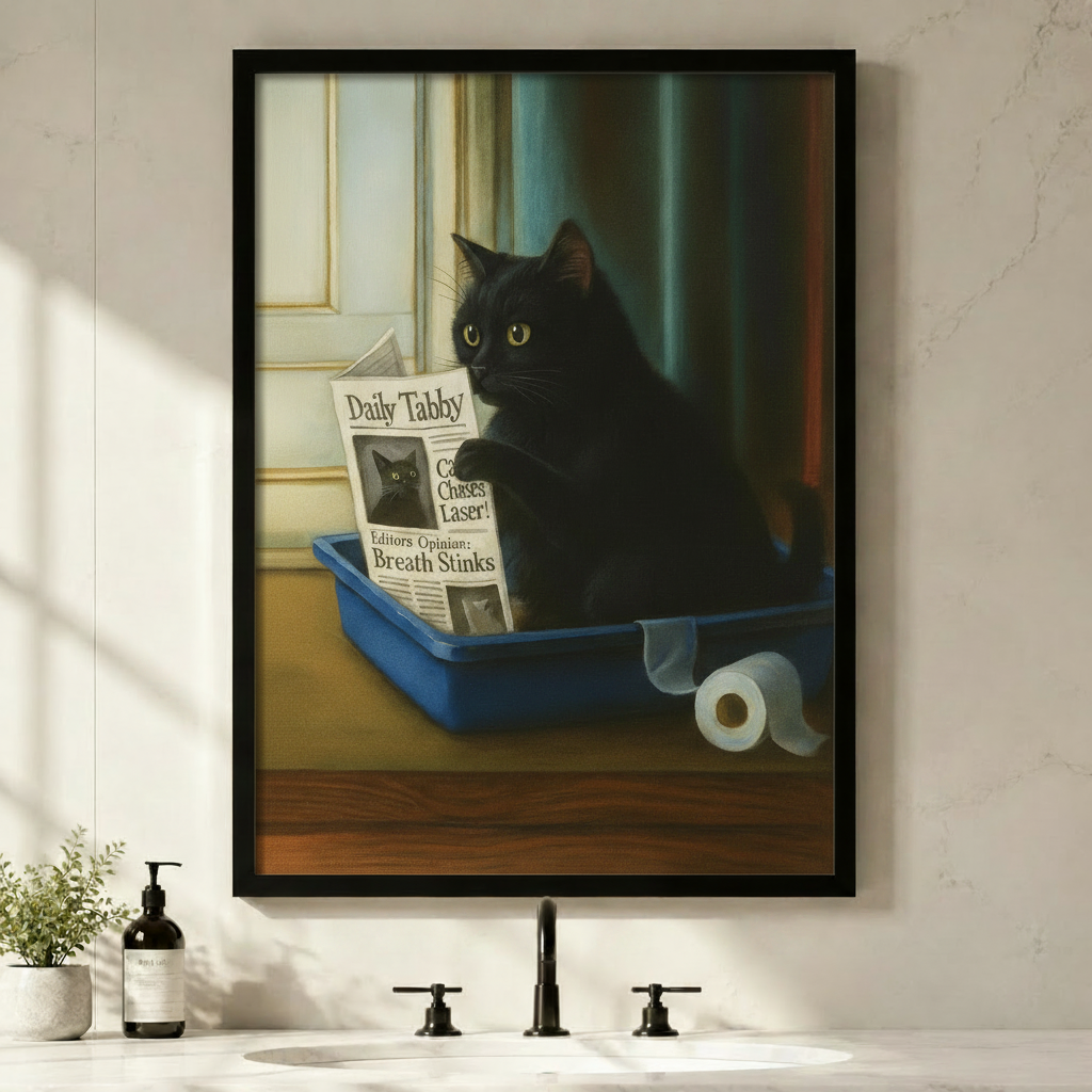 Funny Black Cat Newspaper Canvas Wall Art Print