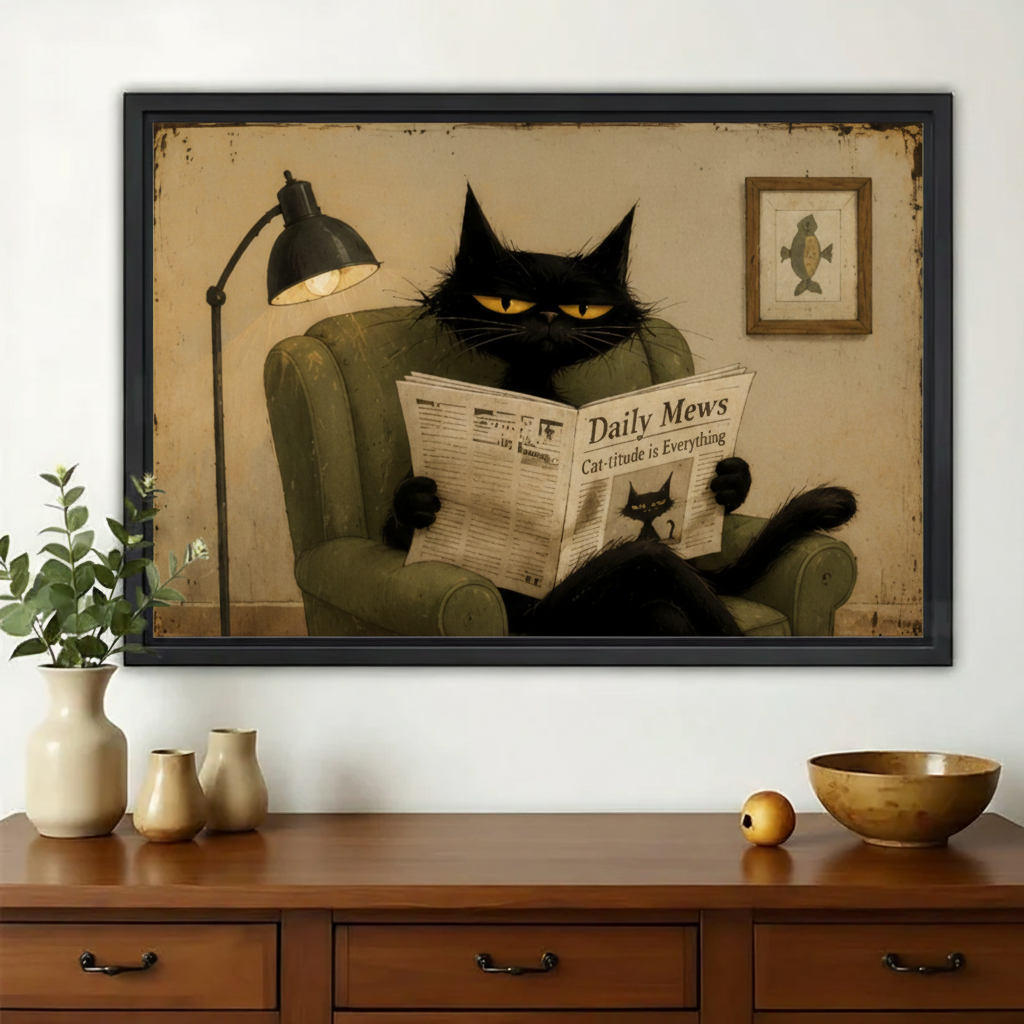 Black Cat Reading Daily Mews Wall Art – Vintage Humour Cat Canvas Print on Natural Wood Frame