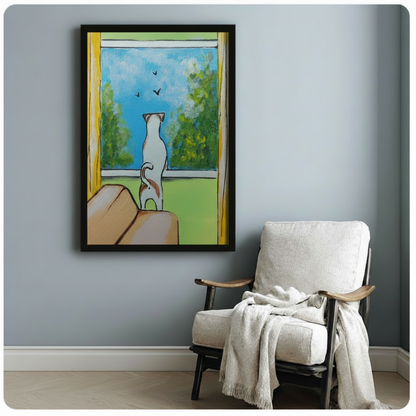 Cat Watching Birds Window Canvas Print Wall Art