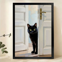 Black Cat Peeking Through Open Door Wall Art - Realistic Oil Painting Canvas Print