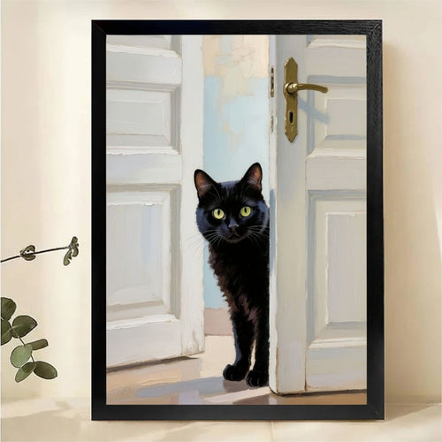 Black Cat Peeking Through Open Door Wall Art - Realistic Oil Painting Canvas Print