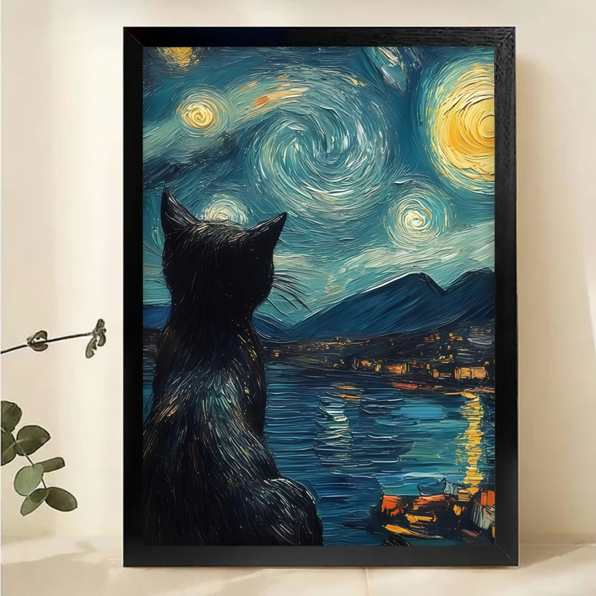 Starry Night Cat Canvas Wall Art - Van Gogh Inspired Black Cat Silhouette Print