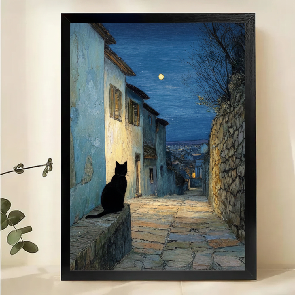 Black Cat on a Mediterranean Alley Wall Art – Moonlit Oil Painting Canvas Print on Natural Wood Frame