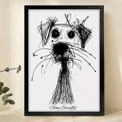 Stay Scruffy Dog Wall Art – Expressive Ink Sketch Canvas Print on Natural Wood Frame