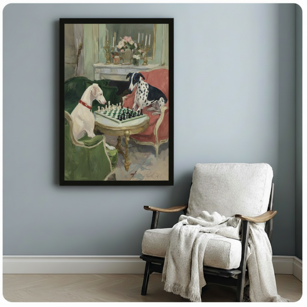 Dogs Playing Chess Classical Oil Canvas Wall Art