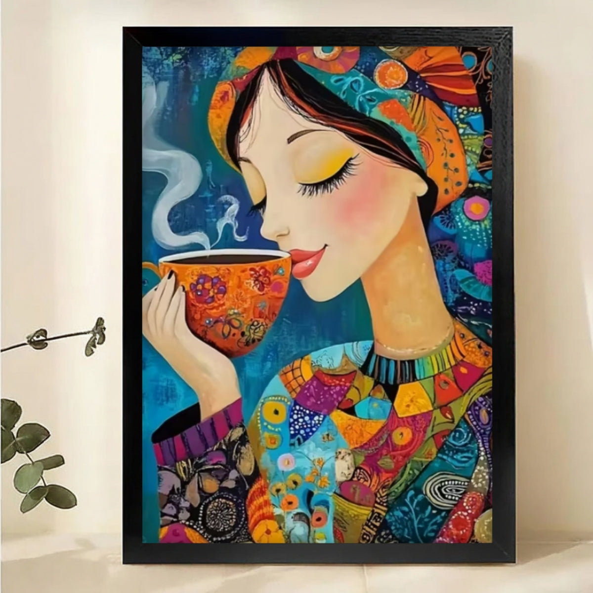 Colorful Woman with Coffee Canvas Print - Whimsical Modern Wall Art