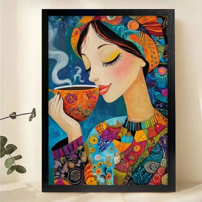 Colorful Woman with Coffee Canvas Print - Whimsical Modern Wall Art
