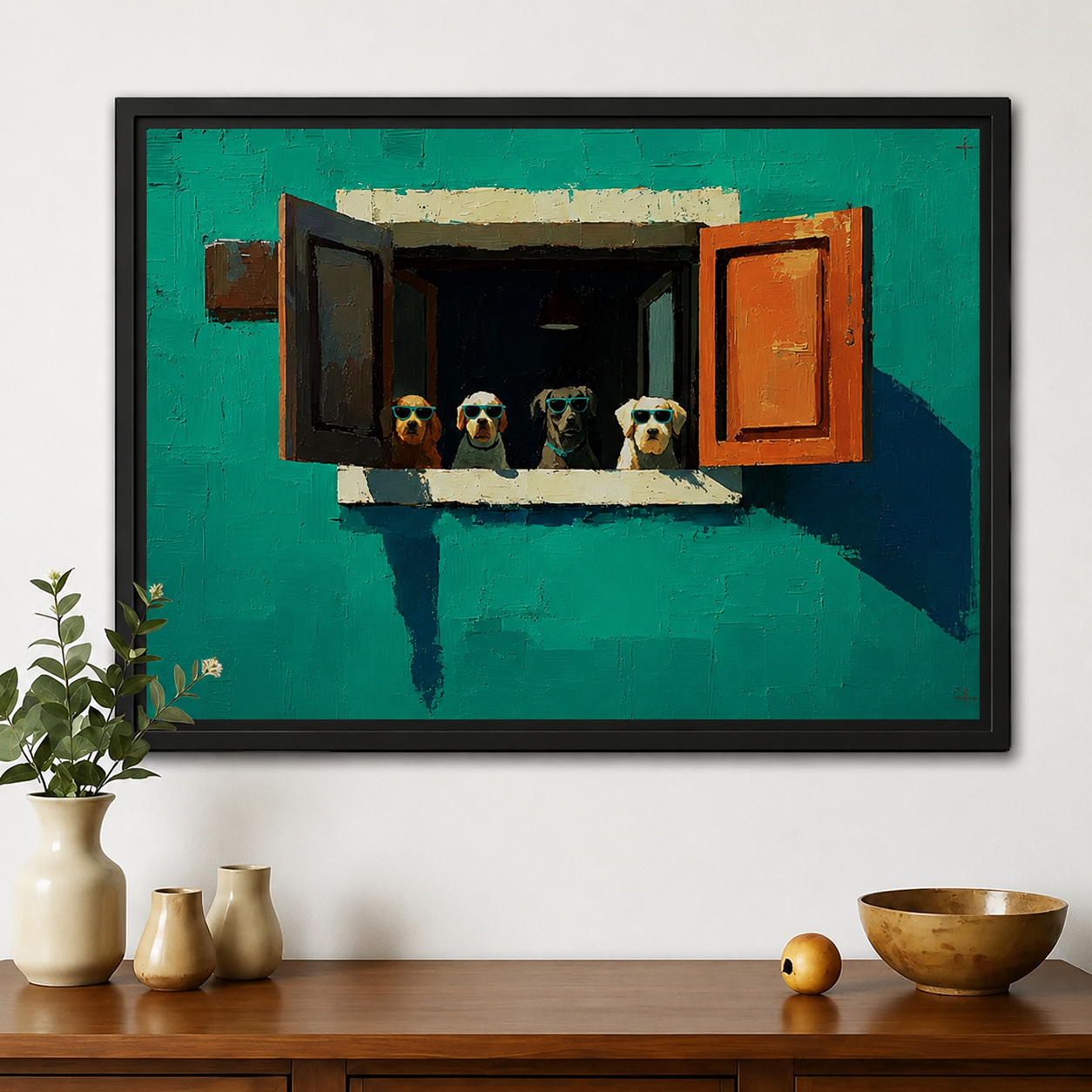 Four Dogs in Sunglasses Wall Art – Funny Bold Canvas Print on Natural Wood Frame
