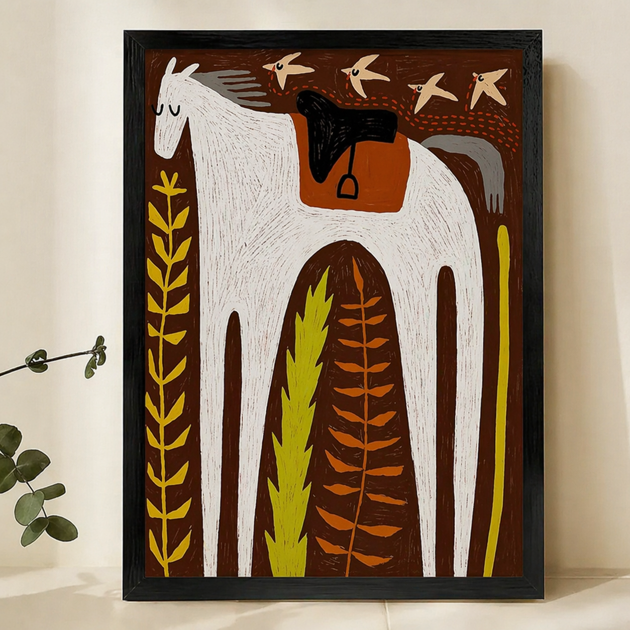 White Horse with Ferns & Swallows Wall Art – Scandinavian Folk Art Canvas Print on Natural Wood Frame