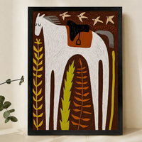 White Horse with Ferns & Swallows Wall Art – Scandinavian Folk Art Canvas Print on Natural Wood Frame