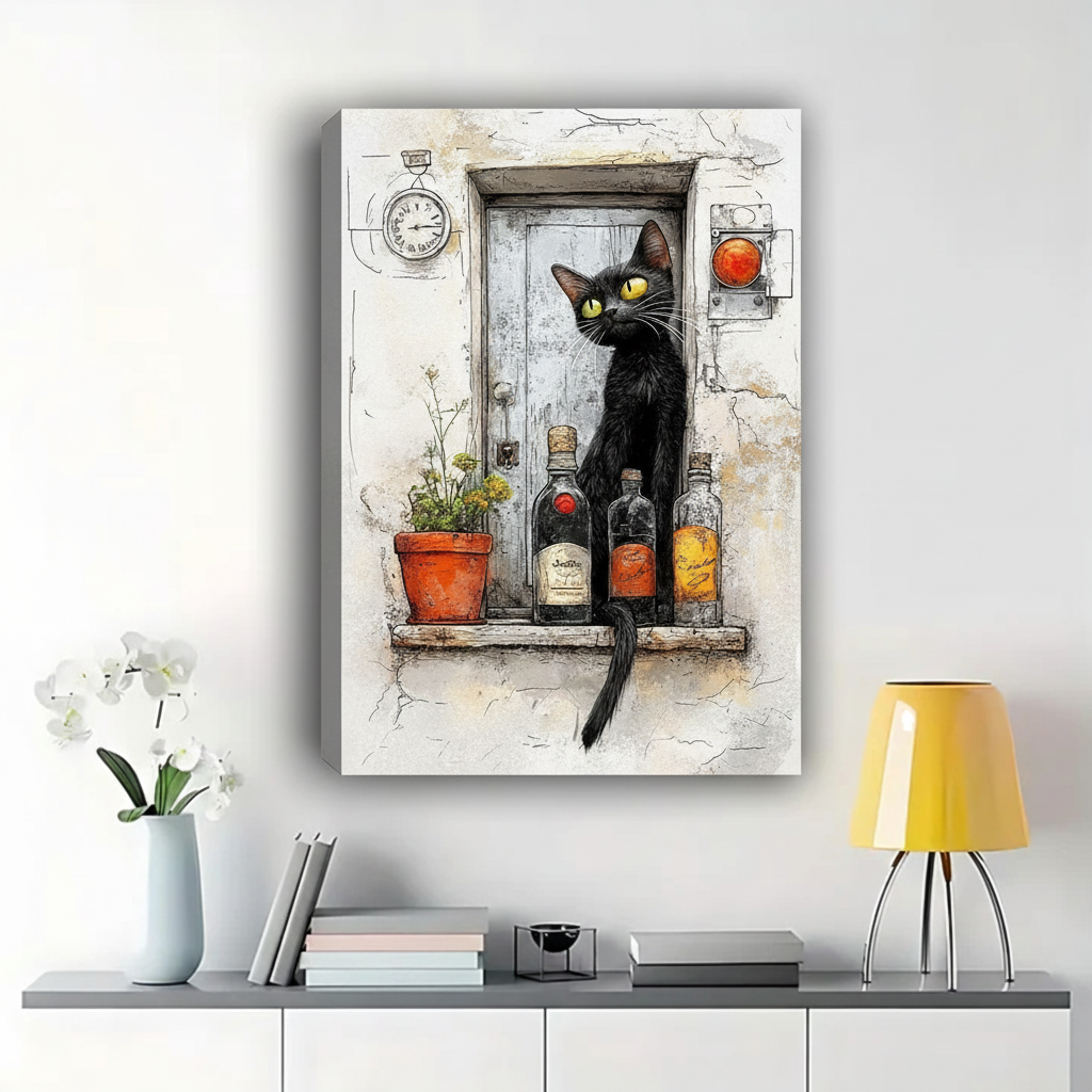 Black Cat by Vintage Door with Wine Bottles Wall Art - Rustic Canvas Print