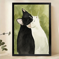 Black & White Cats in Love Wall Art – Romantic Watercolor Canvas Print on Natural Wood Frame