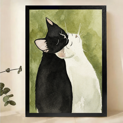 Black & White Cats in Love Wall Art – Romantic Watercolor Canvas Print on Natural Wood Frame