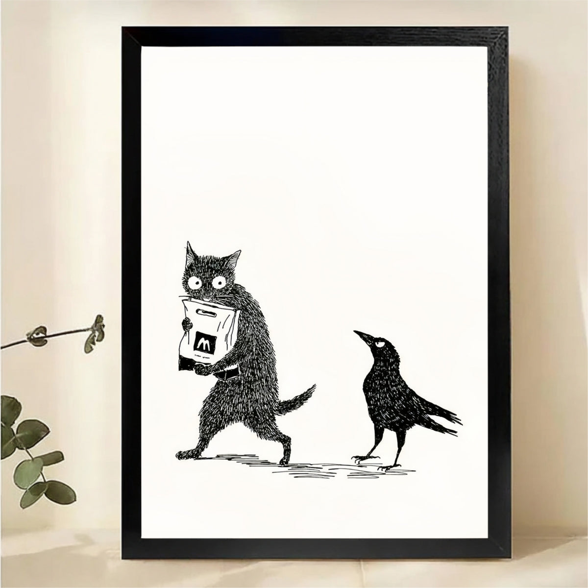 Cat Stealing Food from Crow Wall Art - Funny Animal Print