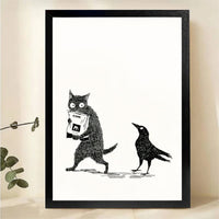 Cat Stealing Food from Crow Wall Art - Funny Animal Print