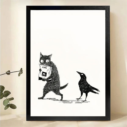 Cat Stealing Food from Crow Wall Art - Funny Animal Print