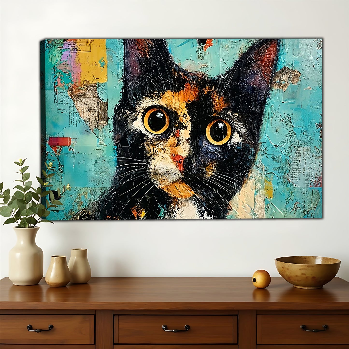 Abstract Tortoiseshell Cat – Vibrant Textured Wall Art on Natural Wood Canvas