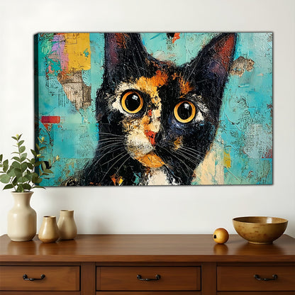 Abstract Tortoiseshell Cat – Vibrant Textured Wall Art on Natural Wood Canvas