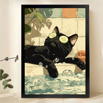 Black Cat Spa Day with Cucumber Eyes in Bubble Bath Wall Art - Funny Canvas Print